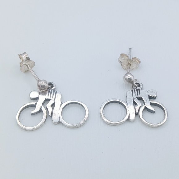 Vintage Sterling Silver Bicycle Bike Rider Dangle Post Earrings - SIGNED! - Picture 3 of 10